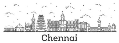 Chennai India City Skyline 'ın ana hatlarıyla beyaza izole edilmiş tarihi binalar. Vektör İllüstrasyonu. Tarihi Simgeli Chennai Şehri.