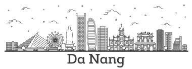 Da Nang Vietnam Şehri 'nin ana hatlarını oluşturan Skyline' ın tarihi binaları beyaza izole edilmiştir. Vektör İllüstrasyonu. Da Nang Şehir Simgeleriyle.