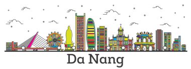 Anahat Da Nang Vietnam şehir manzarası ile renk üzerine beyaz izole binalar. Vektör çizim. Da Nang Cityscape yerler ile.
