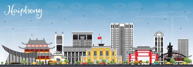 Haiphong Vietnam şehir manzarası ile gri binalar ve mavi gökyüzü. Vektör çizim. İş seyahat ve Turizm kavramı tarihi mimarisi ile. Haiphong Cityscape yerler ile.