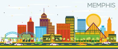 Memphis Tennessee manzarası renkli binalar ve mavi gökyüzü. Vektör çizim. İş seyahat ve Turizm kavramı tarihi mimarisi ile. Memphis ABD Cityscape yerler ile.