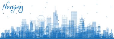 Anahat Nanjing Çin manzarası ile mavi binalar. Vektör çizim. İş seyahat ve Turizm illüstrasyon Modern mimariye sahip. Nanjing Cityscape yerler ile.