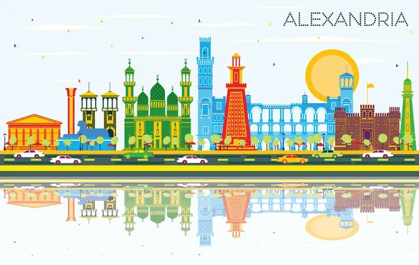 Alexandria Egypten Stadssilhuetten Med Färg Byggnader Blå Himmel Och Reflektioner — Stock vektor