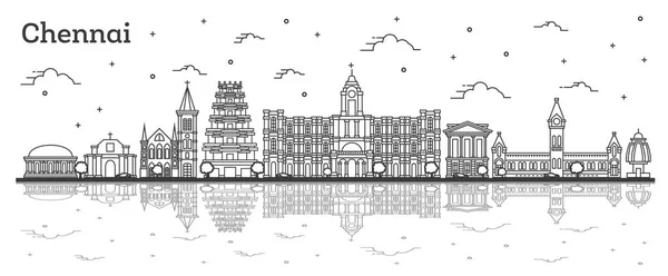 Outline Chennai India City Skyline Historic Buildings Reflections Isolated White — Stock Vector