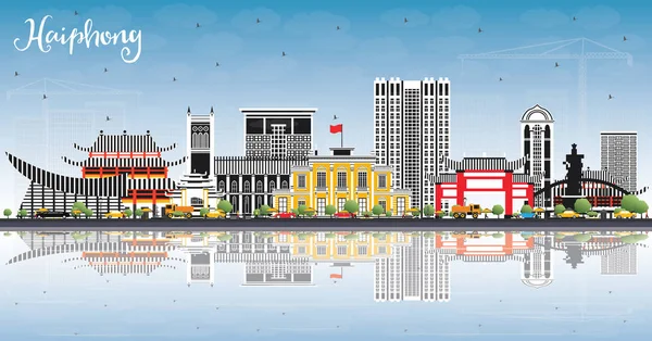海防越南城市天际线与灰色建筑 蓝天和倒影 向量例证 具有历史建筑的商务旅行和旅游概念 海防城市景观与地标 — 图库矢量图片