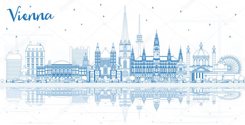 Outline Vienna Austria City Skyline with Blue Buildings and Reflections. Vector Illustration. Business Travel and Tourism Concept with Historic Architecture. Vienna Cityscape with Landmarks.