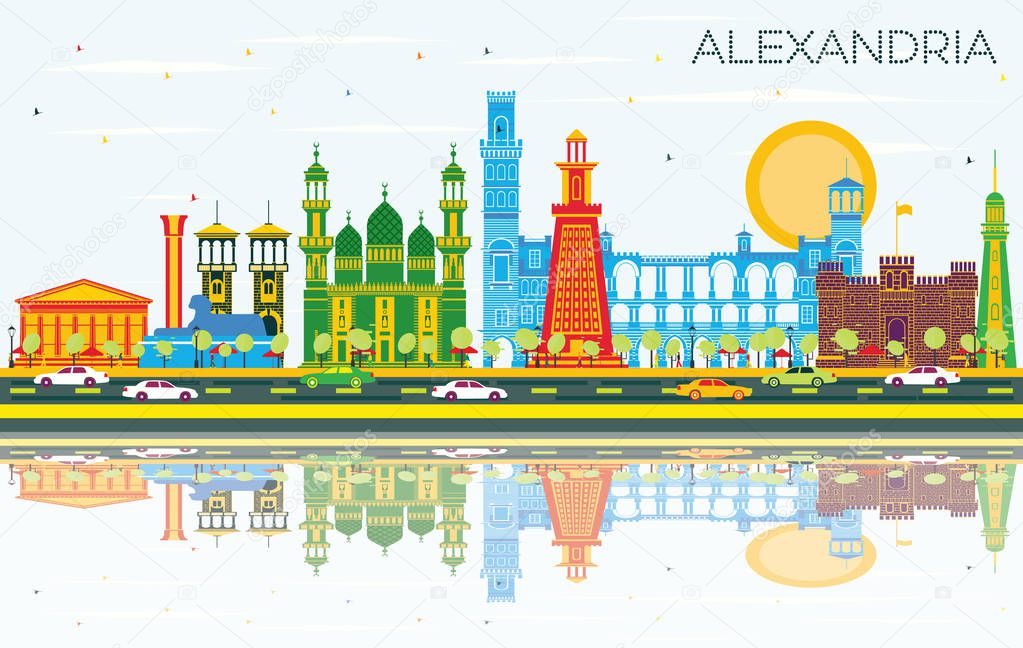 Alexandria Egypt City Skyline with Color Buildings, Blue Sky and Reflections. Vector Illustration. Business Travel and Tourism Concept with Historic Architecture. Alexandria Cityscape with Landmarks.