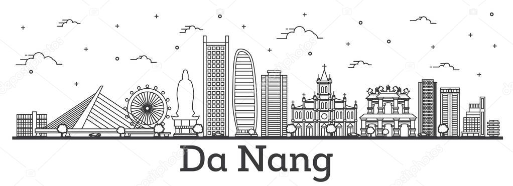 Outline Da Nang Vietnam City Skyline with Historic Buildings Isolated on White. Vector Illustration. Da Nang Cityscape with Landmarks.