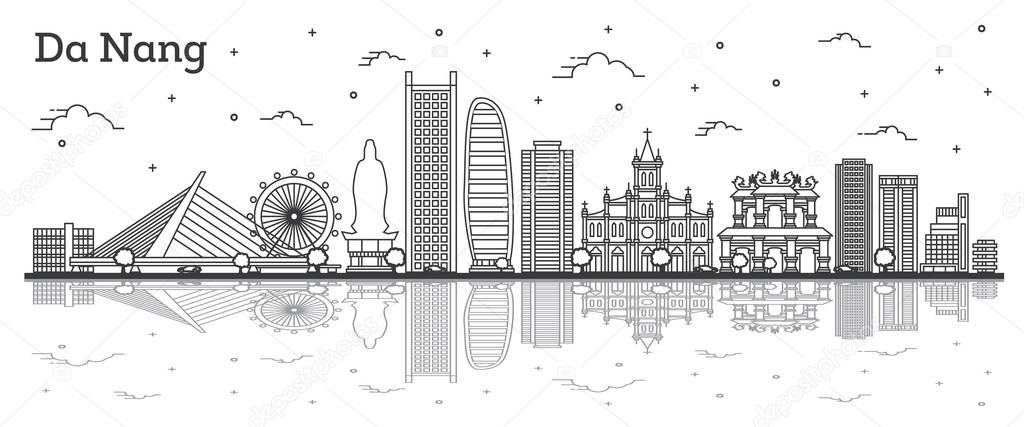 Outline Da Nang Vietnam City Skyline with Historic Buildings and Reflections Isolated on White. Vector Illustration. Da Nang Cityscape with Landmarks.