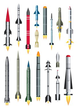 Military Missile Rocket Isolated on White. Vector Illustration. Ballistic Intercontinental Rocket with Nuclear Bomb. Ground-to-air and Air-to-air Missile. clipart