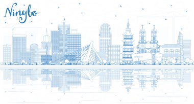 Mavi binalar ve yansımaları ile anahat Ningbo Çin şehir manzarası. Vektör çizim. İş seyahat ve Turizm kavramı tarihi mimarisi ile. Ningbo Cityscape yerler ile.