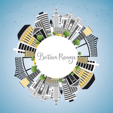 Baton Rouge Louisiana şehir manzarası renkli binalar, mavi gökyüzü ve kopya alanı. Vektör çizim. Seyahat ve Turizm kavramı Modern mimariye sahip. Baton Rouge ABD Cityscape yerler ile.