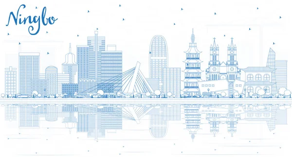 Esquema Ningbo China City Skyline Con Edificios Azules Reflexiones Ilustración — Vector de stock