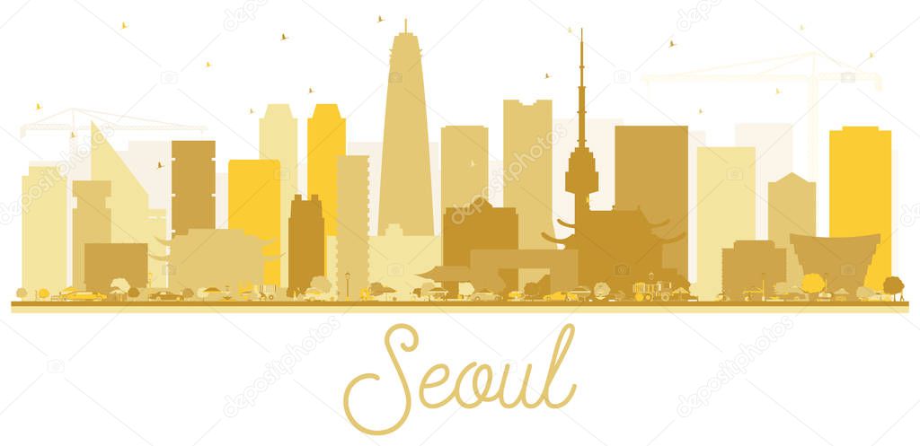 Seoul Korea Skyline Silhouette with Golden Buildings Isolated on White. Vector Illustration. Business Travel and Tourism Concept with Modern Architecture. Seoul Cityscape with Landmarks.