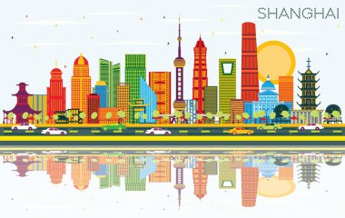 Şanghay Çin şehir manzarası ile renk binalar, mavi gökyüzü ve yansımaları. Vektör çizim. İş seyahat ve Turizm kavramı Modern mimariye sahip. Shanghai Cityscape yerler ile.