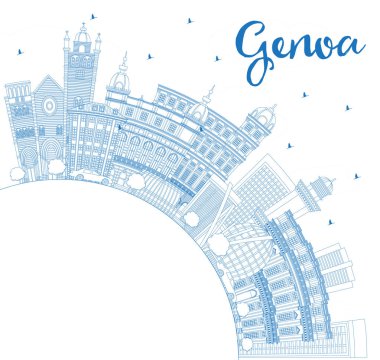 Anahat Cenova İtalya şehir manzarası ile mavi binalar ve kopya alanı. Vektör çizim. İş seyahat ve Turizm kavramı Modern mimariye sahip. Cenova Cityscape yerler ile.