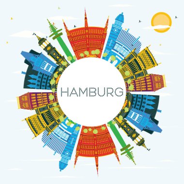 Hamburg Almanya şehir manzarası renkli binalar, mavi gökyüzü ve kopya alanı. Vektör çizim. İş seyahat ve Turizm kavramı tarihi mimarisi ile. Hamburg Cityscape yerler ile.