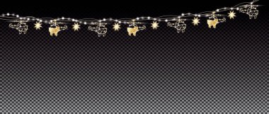 Neon ışıkları ve şeffaf ızgara arka plan üzerinde helikopter ile altın Garland. Mutlu Noeller ve mutlu yeni yıl kavramı. Vektör çizim.