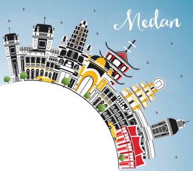 Medan Endonezya şehir manzarası renkli binalar, mavi gökyüzü ve kopya alanı. Vektör çizim. İş seyahat ve Turizm kavramı tarihi mimarisi ile. Medan Cityscape yerler ile.