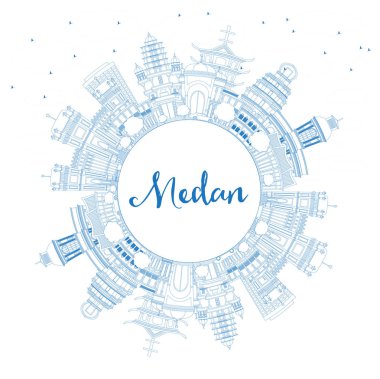 Anahat Medan Endonezya şehir manzarası ile mavi binalar ve kopya alanı. Vektör çizim. İş seyahat ve Turizm kavramı tarihi mimarisi ile. Medan Cityscape yerler ile.
