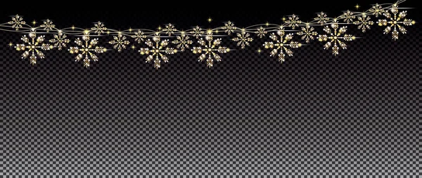 Neon Verlichting Gouden Garland Met Sneeuwvlokken Transparante Raster Achtergrond Prettige — Stockvector