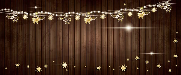 ヘリコプターや木製の背景の星と黄金のガーランド メリー クリスマスと新年あけましておめでとうございます概念 ベクトル図 — ストックベクタ