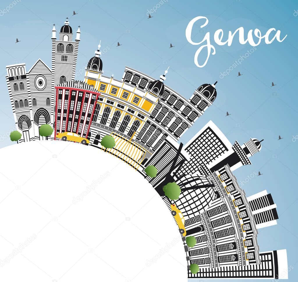 Genoa Italy City Skyline with Color Buildings, Blue Sky and Copy Space. Vector Illustration. Business Travel and Tourism Concept with Modern Architecture. Genoa Cityscape with Landmarks.