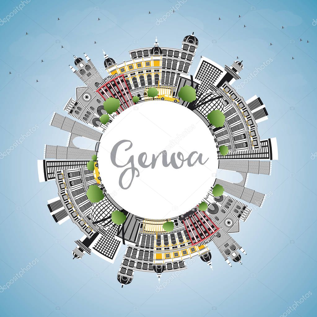 Genoa Italy City Skyline with Color Buildings, Blue Sky and Copy Space. Vector Illustration. Business Travel and Tourism Concept with Modern Architecture. Genoa Cityscape with Landmarks.