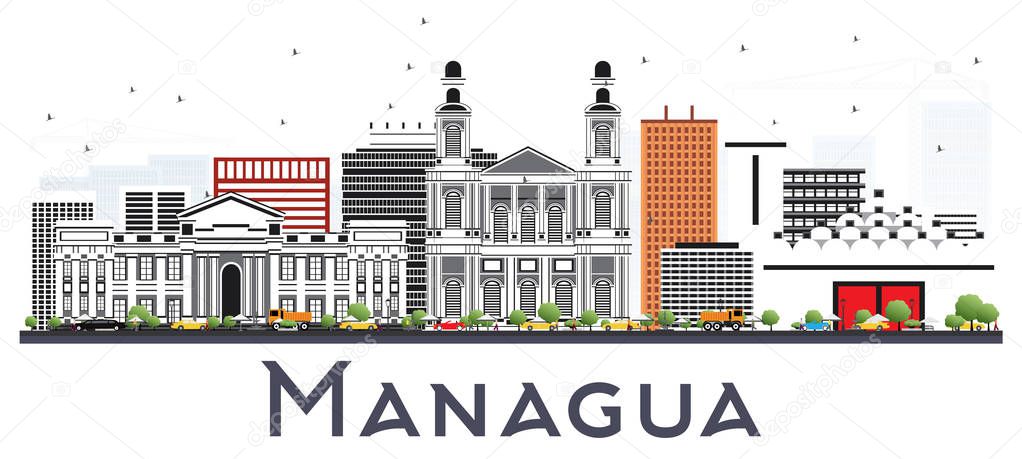 Managua Nicaragua Skyline with Gray Buildings Isolated on White. Vector Illustration. Business Travel and Tourism Concept with Modern Architecture. Managua Cityscape with Landmarks.