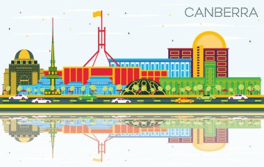 Canberra Avustralya şehir manzarası ile renk binalar, mavi gökyüzü ve yansımaları. Vektör çizim. İş seyahat ve Turizm kavramı Modern mimariye sahip. Canberra Cityscape yerler ile.