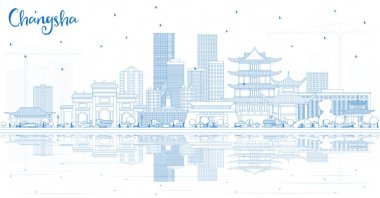 Mavi binalar ve yansımaları ile anahat Changsha Çin şehir manzarası. Vektör çizim. İş seyahat ve Turizm kavramı Modern mimariye sahip. Changsha Cityscape yerler ile.