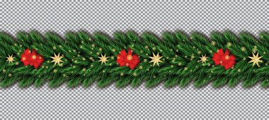Noel ağacı dalları, kırmızı yay ve şeffaf bir arka plan üzerinde altın yıldız ile sınır. Vektör çizim. Köknar dal kenarlık.