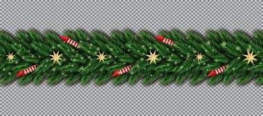 Noel ağacı dalları, altın yıldız ve şeffaf arka plan üzerinde kırmızı roket. Vektör çizim. Köknar dal kenarlık.