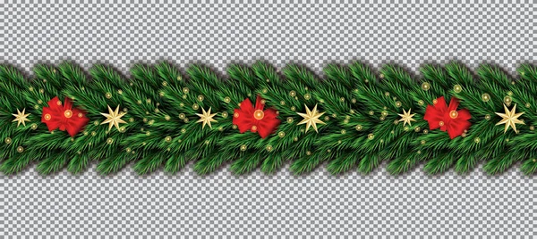 クリスマス ツリーの枝 赤の弓と透明な背景に金色の星が付いているボーダー ベクトルの図 モミ枝国境 — ストックベクタ