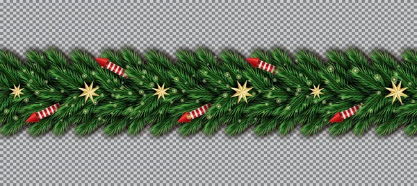クリスマス ツリーの枝 金色の星 透明な背景の赤いロケットが付いているボーダー ベクトルの図 モミ枝国境 — ストックベクタ