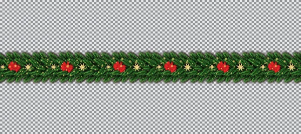 クリスマス ツリーの枝 赤の弓と透明な背景に金色の星が付いているボーダー ベクトルの図 モミ枝国境 — ストックベクタ