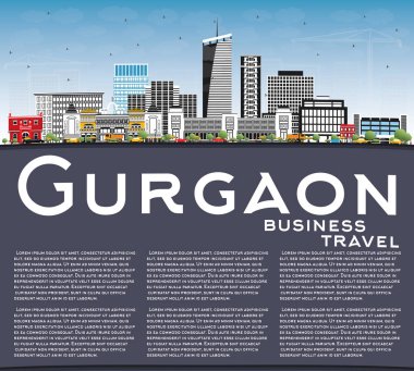 Gurgaon Hindistan şehir manzarası ile gri binalar, mavi gökyüzü ve kopya alanı. Vektör çizim. İş seyahat ve Turizm kavramı Modern mimariye sahip. Gurgaon Cityscape yerler ile.