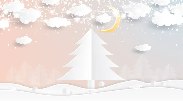 Christmas Tree Paper Cut Style Winter Forest Moon Clouds Vector — Stock Vector