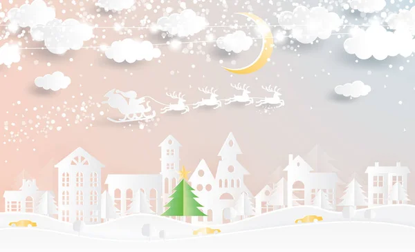 Kerstdorp Kerstman Slee Papier Knippen Stijl Winterlandschap Met Maan Wolken — Stockvector
