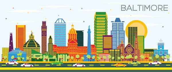 Baltimore Maryland City Skyline Con Edificios Color Blue Sky Ilustración — Vector de stock