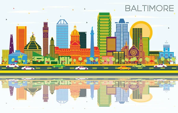 Baltimore Maryland City Skyline Con Edificios Color Cielo Azul Reflexiones — Vector de stock