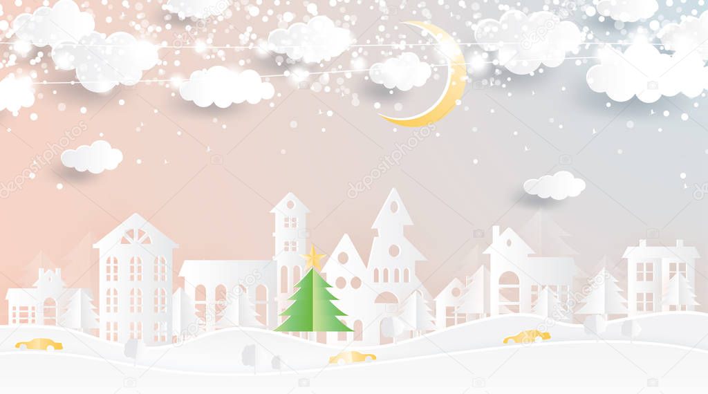 Christmas Village in Paper Cut Style. Winter Landscape with Moon and Clouds. Vector Illustration. Merry Christmas and Happy New Year.