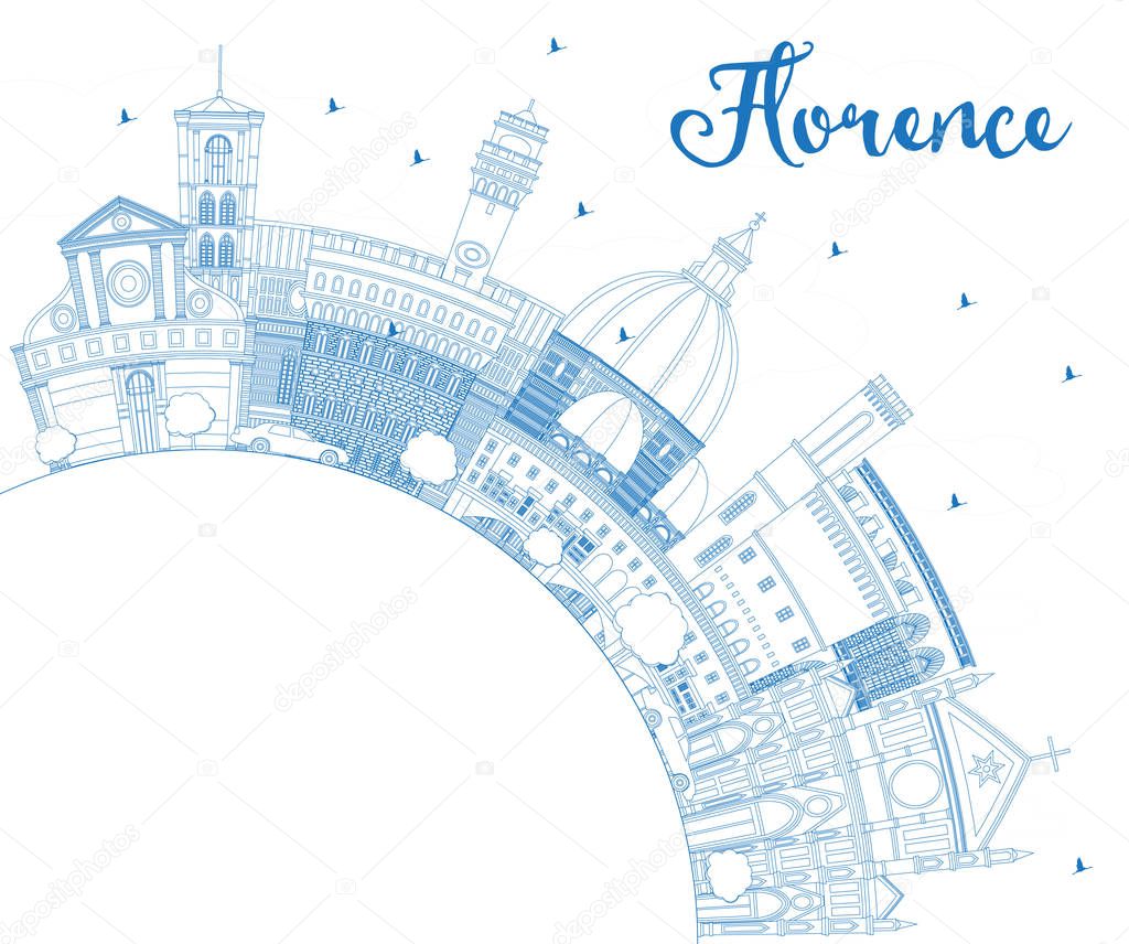Outline Florence Italy City Skyline with Blue Buildings and Copy Space. Vector Illustration. Business Travel and Tourism Concept with Modern Architecture. Florence Cityscape with Landmarks.