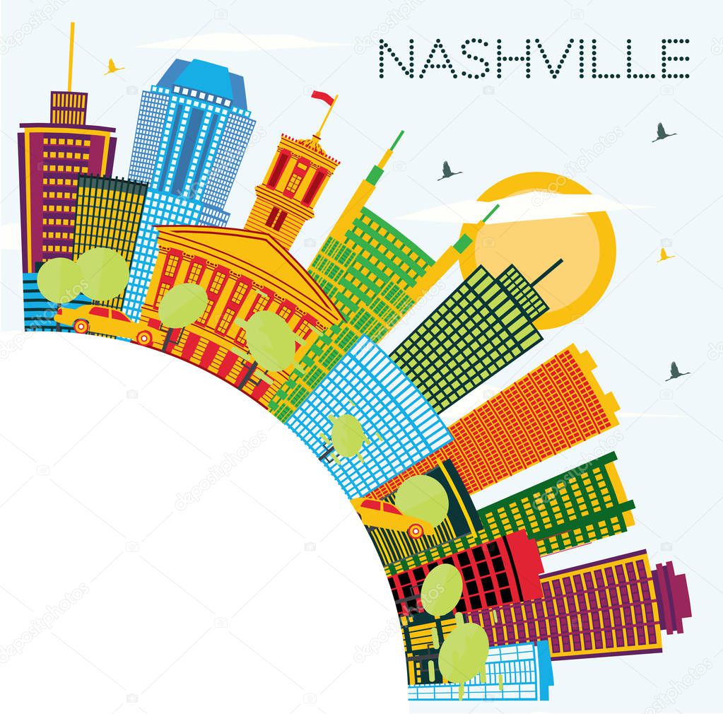 Nashville Tennessee City Skyline with Color Buildings, Blue Sky and Copy Space. Vector Illustration. Business Travel and Tourism Concept with Modern Architecture. Nashville Cityscape with Landmarks.