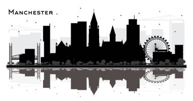 Manchester City Skyline siluet siyah üzerinde beyaz izole binalar. Vektör çizim. İş seyahat ve Turizm kavramı Modern mimariye sahip. Manchester Cityscape yerler ile.