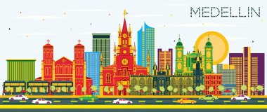 Medellin Kolombiya şehir manzarası renkli binalar ve mavi gökyüzü. Vektör çizim. İş seyahat ve Turizm kavramı tarihi binaları ile. Medellin Cityscape yerler ile.