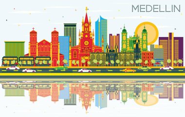 Medellin Kolombiya şehir manzarası ile renk binalar, mavi gökyüzü ve yansımaları. Vektör çizim. İş seyahat ve Turizm kavramı tarihi binaları ile. Medellin Cityscape yerler ile.
