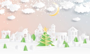 Noel Köyü ve Noel ağacı kağıt tarzı kesti. Ay, bulutlar ve Neon Garland ile kış manzarası. Vektör çizim. Mutlu Noeller ve mutlu yeni yıl.