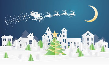 Noel Köyü ve kağıt kızakta Noel Baba'ya stil kesti. Moon ile kış manzarası. Vektör çizim. Mutlu Noeller ve mutlu yeni yıl.