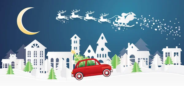 Village Noël Père Noël Traîneau Dans Style Coupe Papier Camion — Image vectorielle